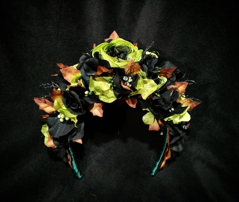 SALE Goth Druidess Crown Type O Negative Inspired LIGHTS UP Green Roses, Black Hydrangea, Dead Leaves Ready to Ship image 4