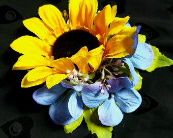 Sommer Goddess Clip Blue - Sunflowers, Hydrangeas, - Venus in Bloom Goddess Crowns- Clip-on Floral Headpiece - Ready to Ship