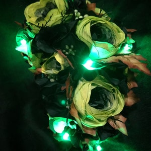 SALE Goth Druidess Crown Type O Negative Inspired LIGHTS UP Green Roses, Black Hydrangea, Dead Leaves Ready to Ship imagem 5