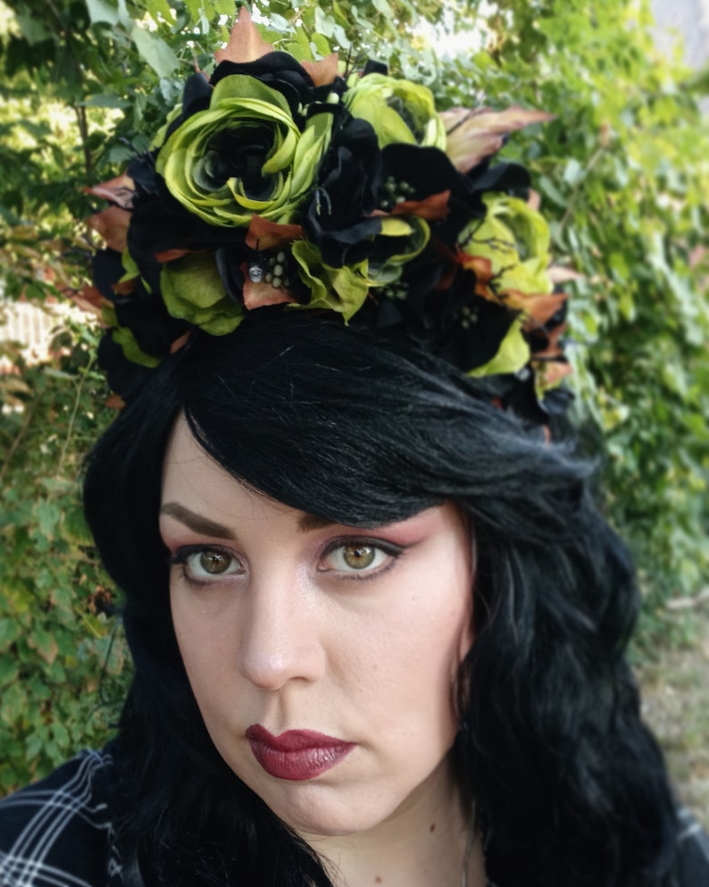 SALE Goth Druidess Crown Type O Negative Inspired LIGHTS UP Green Roses, Black Hydrangea, Dead Leaves Ready to Ship image 1