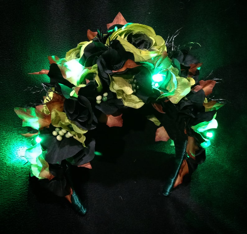 SALE Goth Druidess Crown Type O Negative Inspired LIGHTS UP Green Roses, Black Hydrangea, Dead Leaves Ready to Ship image 3