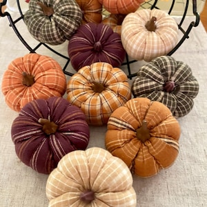 Handmade Fabric Pumpkins Plaid Flannel and Homespun Mini Jack Pumpkin Fall Autumn Bowl Filler Tiered Tray Harvest Colors Thanksgiving Decor