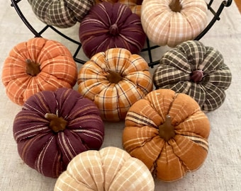 Handmade Fabric Pumpkins Plaid Flannel and Homespun Mini Jack Pumpkin Fall Autumn Bowl Filler Tiered Tray Harvest Colors Thanksgiving Decor