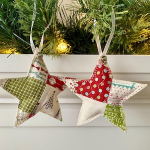 Mini 4” Handmade Christmas Star Ornament, Quilted Patchwork Fabric, Rustic Decoration