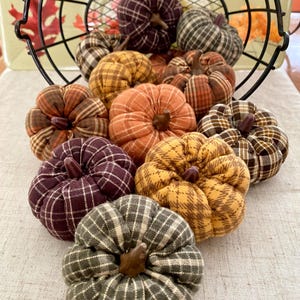 May include: A collection of fabric pumpkins in various colors and patterns, including orange, yellow, and plaid designs. The pumpkins are arranged on a neutral surface, with some inside a black wire basket, evoking a fall harvest theme.