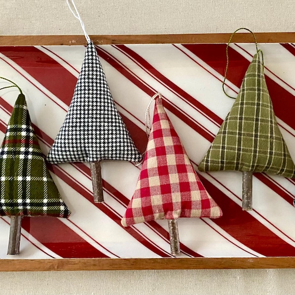 Homespun Christmas Tree Ornaments/bowl fillers: 4.5” Plaid Rustic Fabric Trees, Set of 6