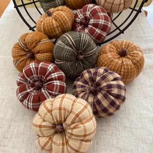 Handmade Fabric Pumpkins Plaid Flannel and Homespun Mini Jack Pumpkin Fall Autumn Bowl Filler Tiered Tray Harvest Colors Thanksgiving Decor