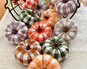 Handmade Fabric Pumpkins Kitchen Window Plaids Mini Jack Pumpkin Fall Autumn Bowl Filler Tiered Tray Harvest Colors Thanksgiving Decor
