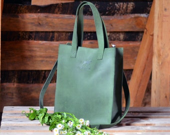 Green leather crossbody tote bag - leather handbag - green tote - leather bag - handmade leather bag - tote bag - genuine leather bag