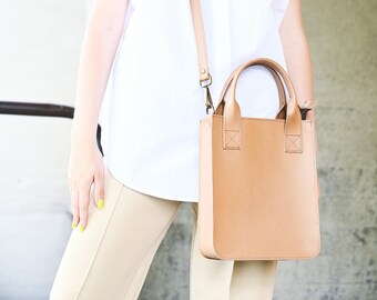 Brown Leather Mini Tote Bag / Nude Crossbody Small Bag / Stylish leather phone bag