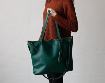 Extra large green Leather Shoulder Bag with Zipper, lightweight plus size crossbody bag, oversized green genuine leather tote bag