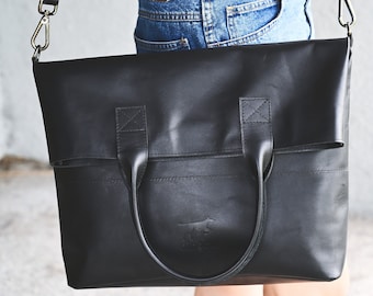 Extra large foldover croossbody purse / long tote - crossbody tote / big messenger bag /  black leather bag / large long tote