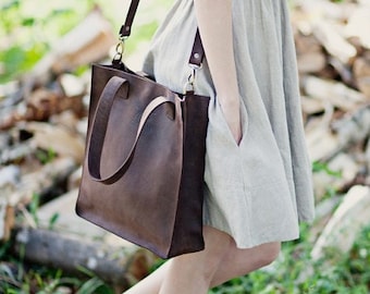 Brown leather cross body tote bag/ spring bag/ handmade leather tote  bag/ crossbody tote/ genuine leather tote / full grain leather tote