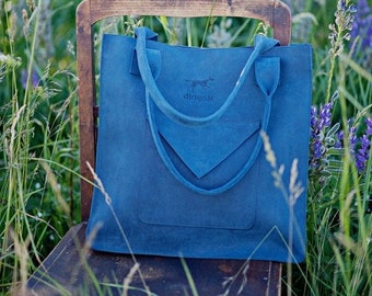 Leather tote bag - leather shoulder bag - leather bag - leather purse - large leather bag - purse leather - purse with pocket -blue tote bag