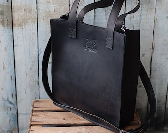 Black leather tote - crossbody bag - leather handbag - leather bag - handmade leather bag - tote bag - leather tote bag