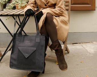 Brown sturdy leather tote bag with front pocket, chocolate shoulder hipster handbag, handmade square tote