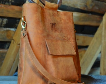 Leather tote bag, wooden handles bag, crossbody bag, leather handbag, bag with long handle, ginger leather bag, wooden purse handles