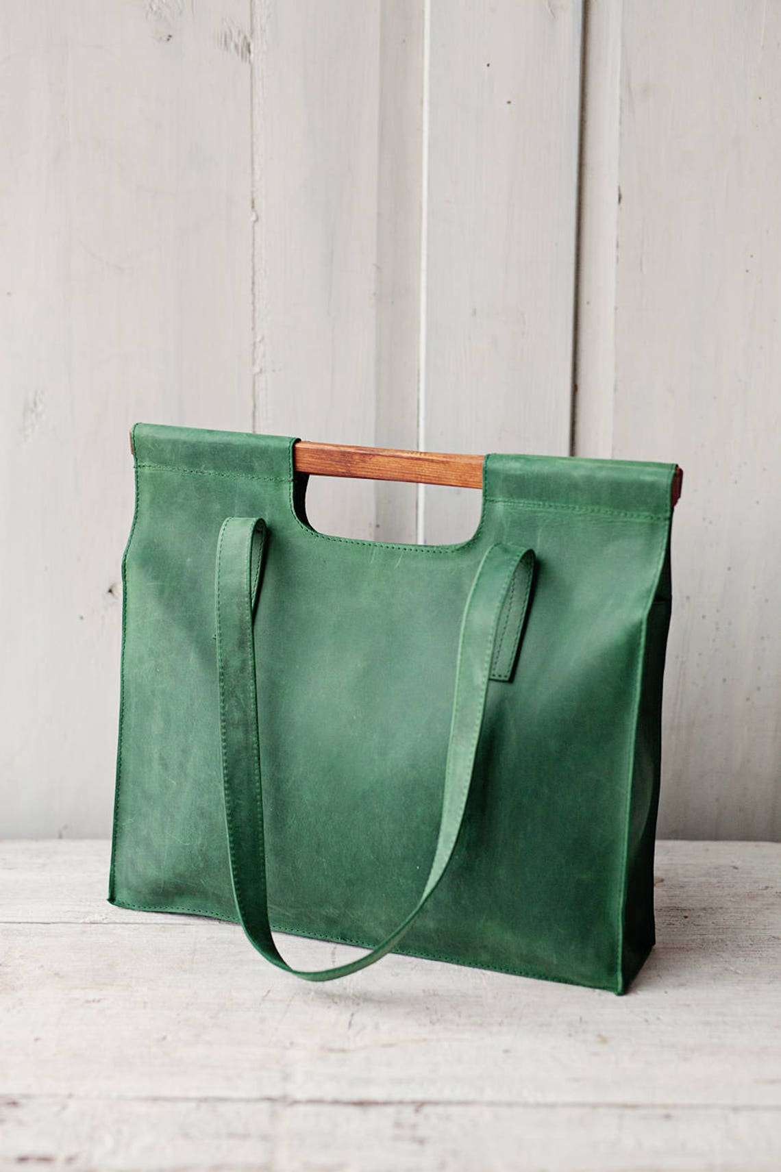 Green Leather Bag With Wooden Handles Leather Tote Bag Bag Etsy