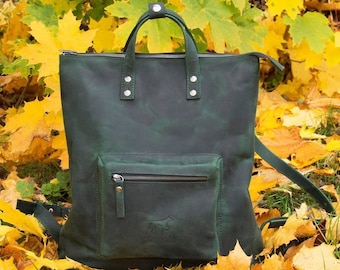 Green leather backpack purse minimalist style with zipper /Green leather rucksack / hipster full grain backpack