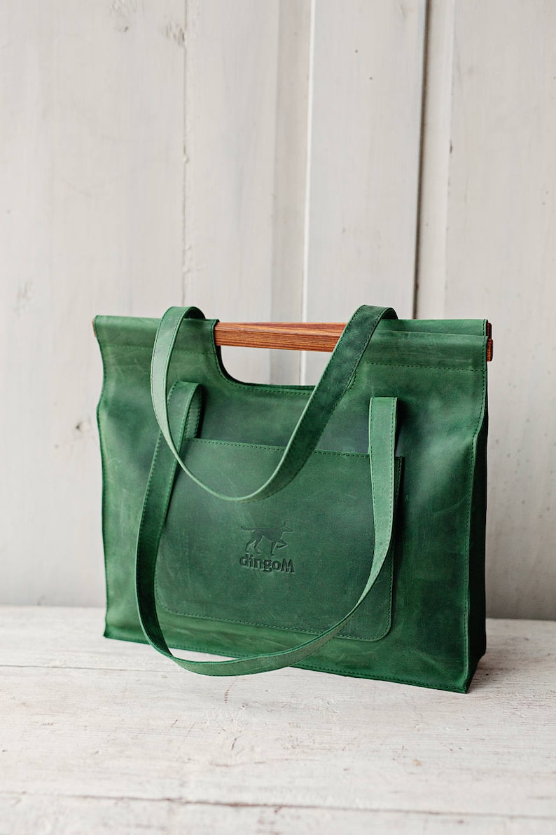 Green Leather Bag With Wooden Handles Leather Tote Bag Bag Etsy
