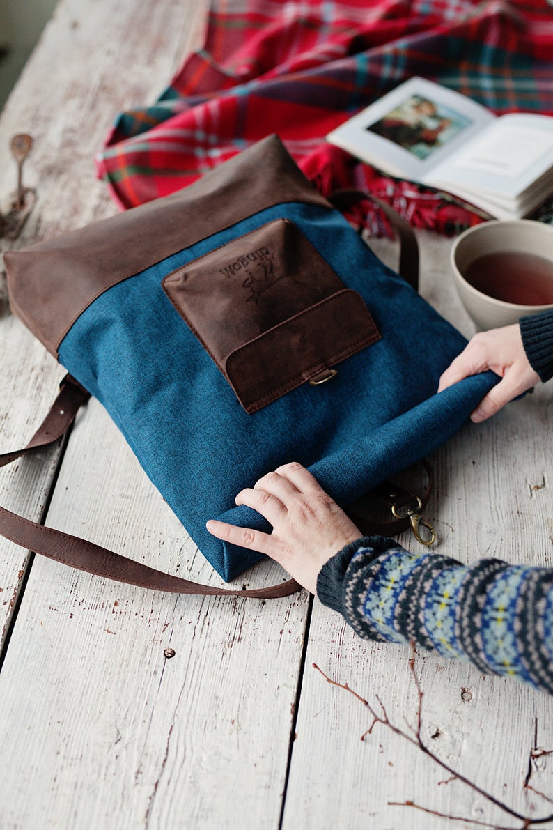 Canvas rucksack, leather backpack, roll top backpack, waxed canvas bag, convertible backpack, stylish Valentine's gift for her image 7