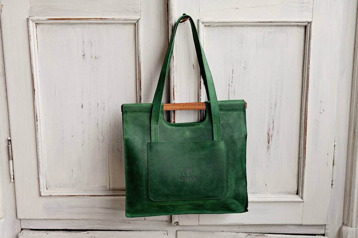 Green Leather Bag With Wooden Handles Leather Tote Bag Bag Etsy