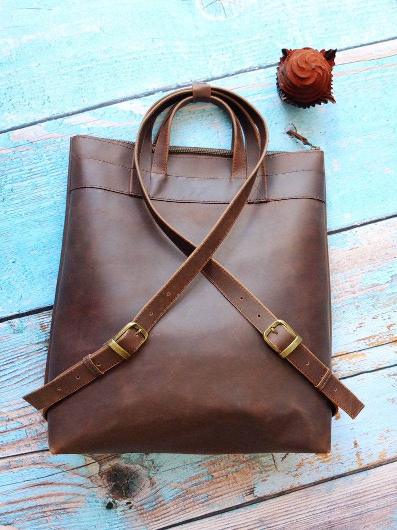 Brown leather backpack purse minimalist style with zipper brown leather rucksack hipster backpack image 3