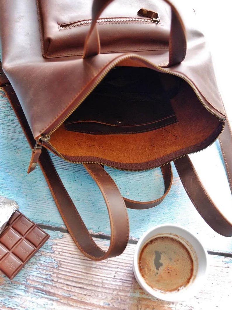 Brown leather backpack purse minimalist style with zipper brown leather rucksack hipster backpack image 6