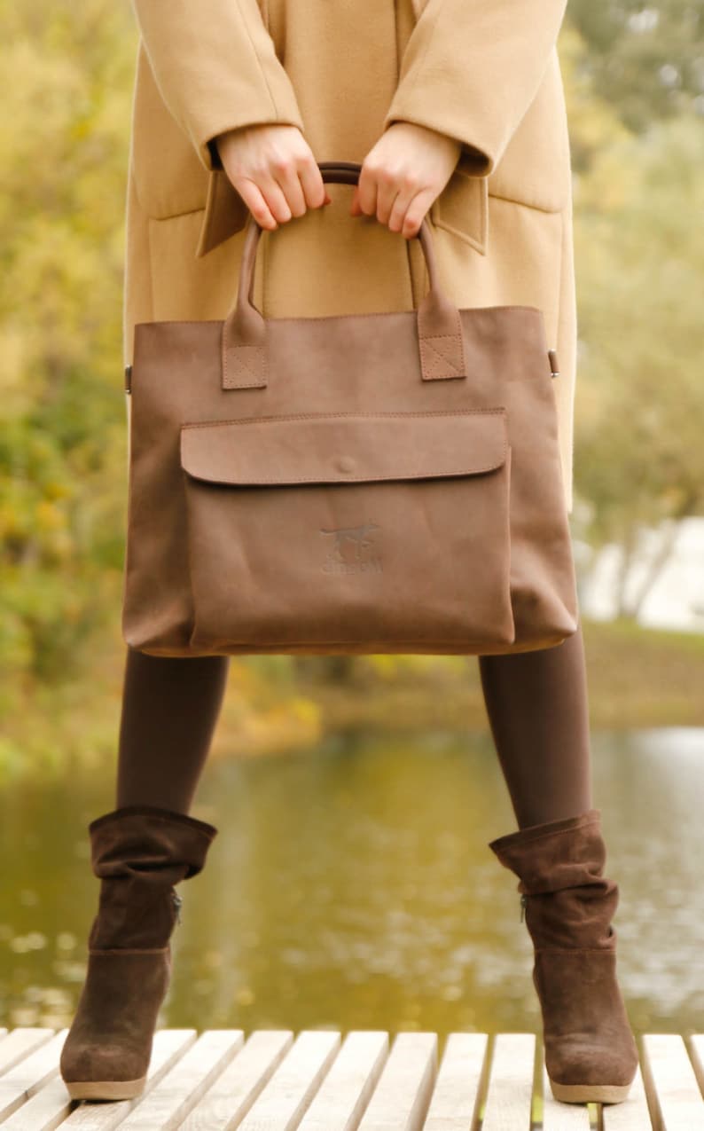 Brown leather bag leather handbag bag with zipper crossbody bag with zipper image 1