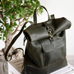 Leather Backpack Leather Rucksack Green Leather Rucksack Green Leather Backpack with Zipper Back to school Hippster bag image 2