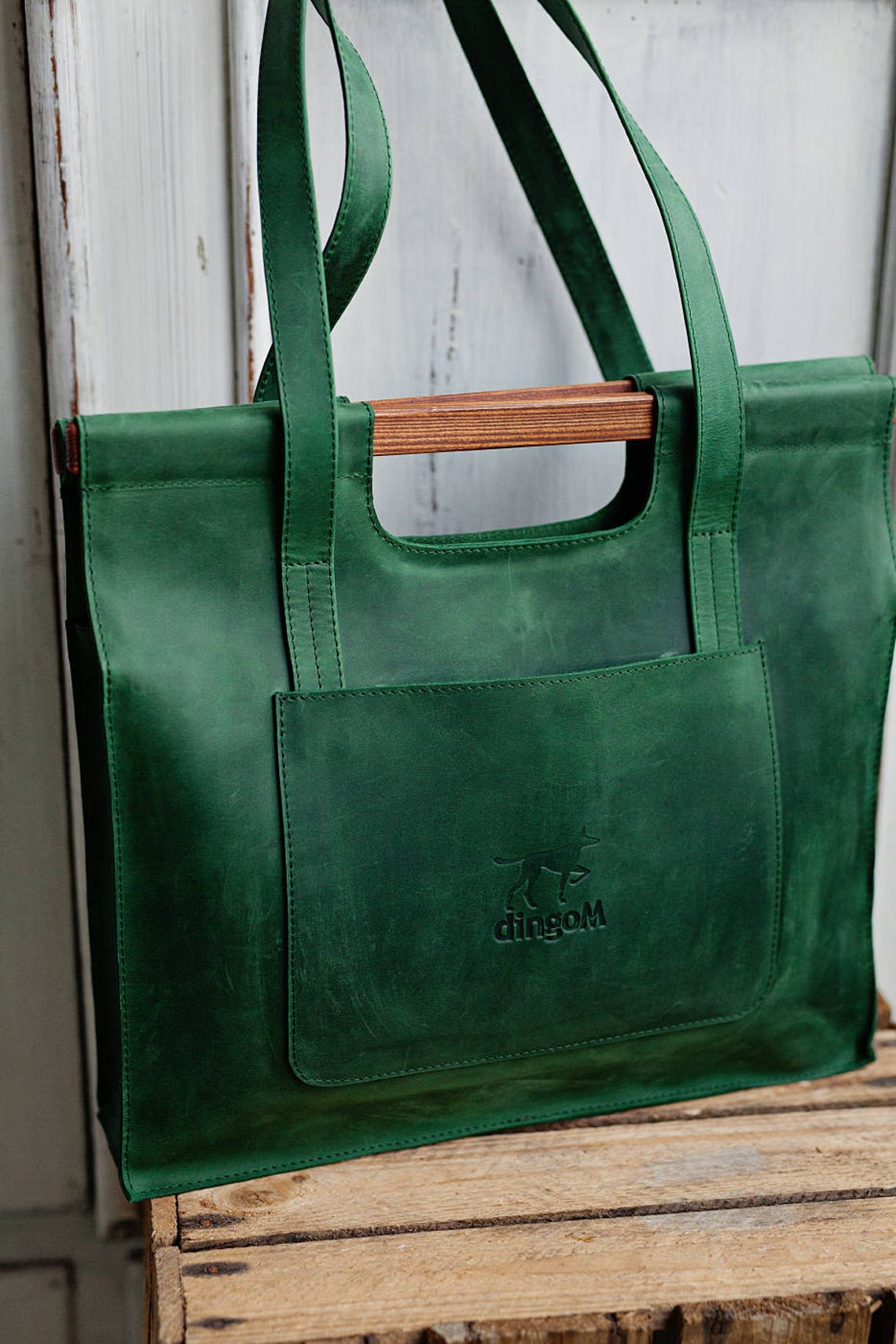 Green leather bag with wooden handles Leather tote bag Bag | Etsy
