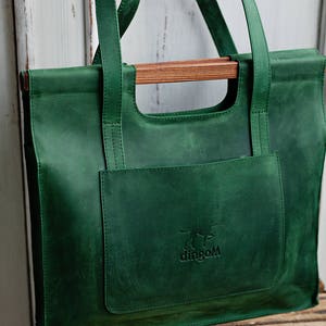 Green Leather Bag With Wooden Handles Leather Tote Bag Bag - Etsy