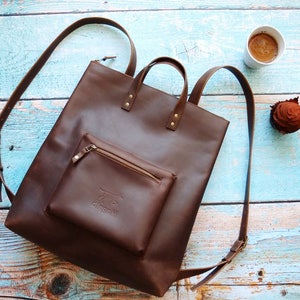 Brown leather backpack purse minimalist style with zipper brown leather rucksack hipster backpack image 1