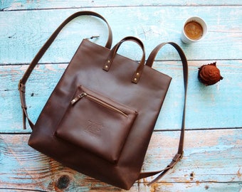 Brown leather backpack purse minimalist style with zipper - brown leather rucksack - hipster backpack