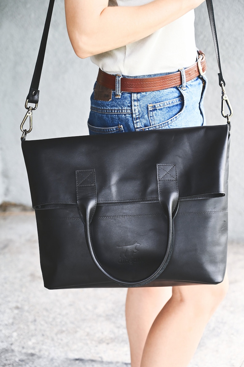 Extra large foldover croossbody purse / long tote crossbody tote / big messenger bag / black leather bag / large long tote image 1