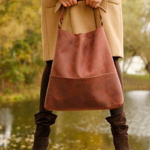 Genuine leather hobo bag with regulated handle mat leather shoulder bag Brown