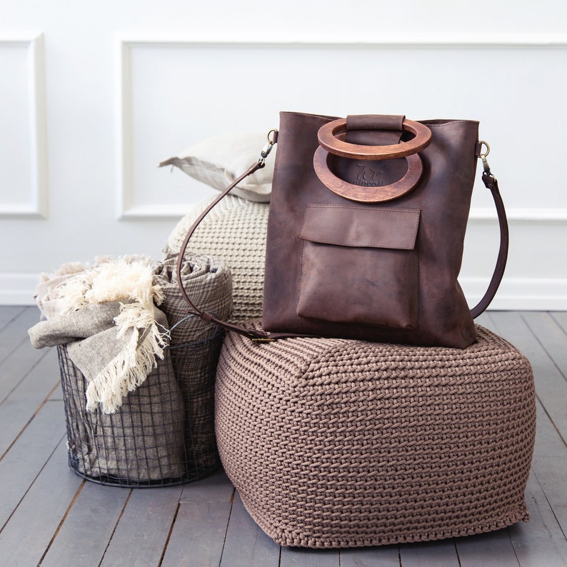 Leather tote bag, wooden handles bag, crossbody bag, leather handbag, bag with long handle, ginger leather bag, wooden purse handles image 7