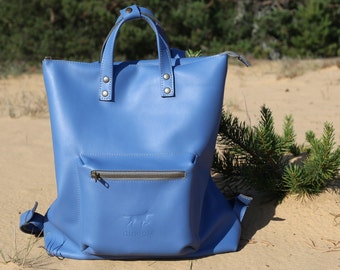 Blue stylish backpack / leather sky blue women rucksack / gift for her / spring leather bag / leather everyday rucksack