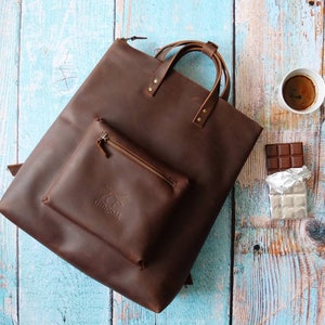 Brown leather backpack purse minimalist style with zipper brown leather rucksack hipster backpack image 2