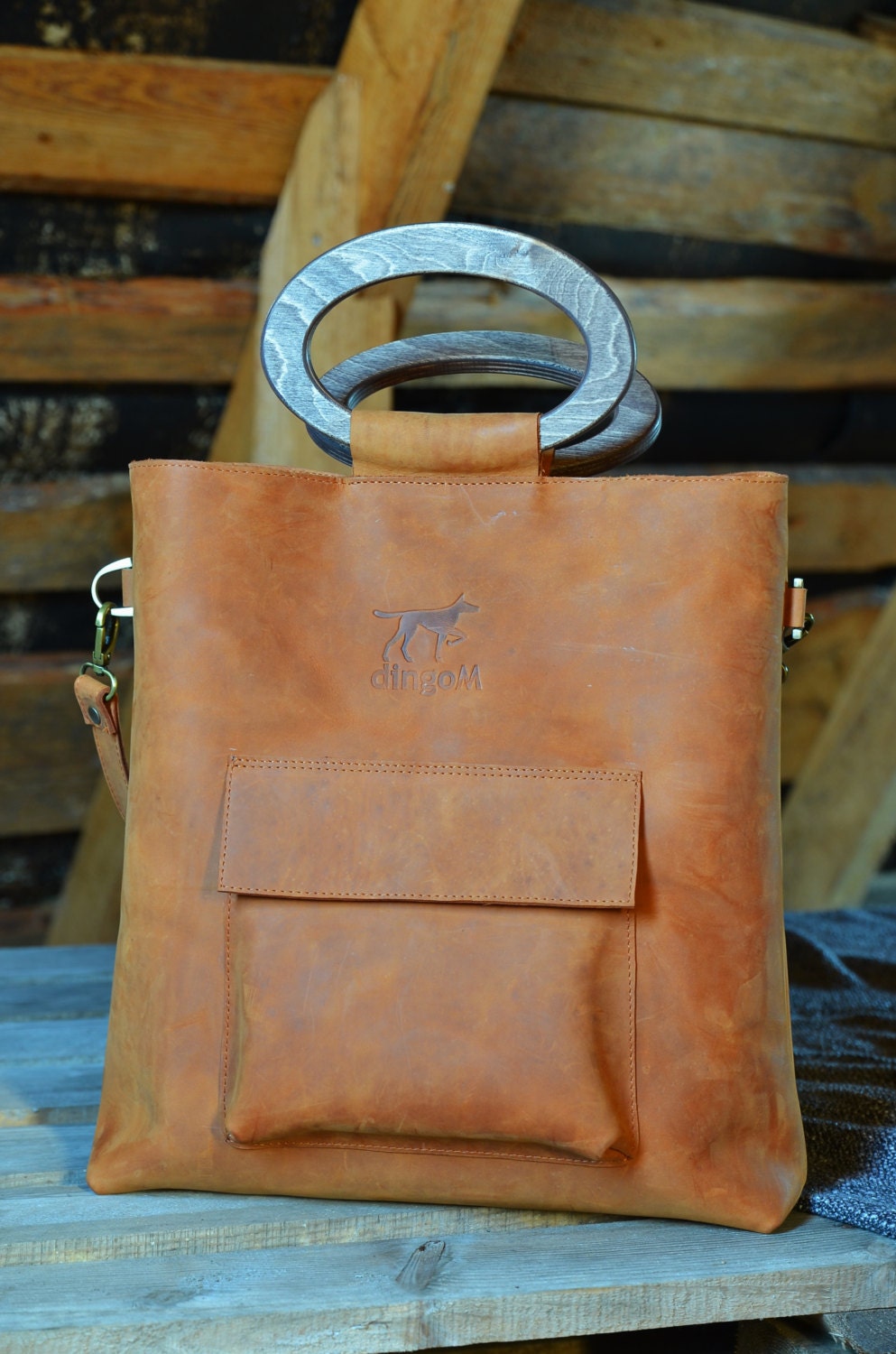 Leather tote bag wooden handles bag crossbody bag leather | Etsy