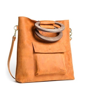 Leather tote bag, wooden handles bag, crossbody bag, leather handbag, bag with long handle, ginger leather bag, wooden purse handles image 5