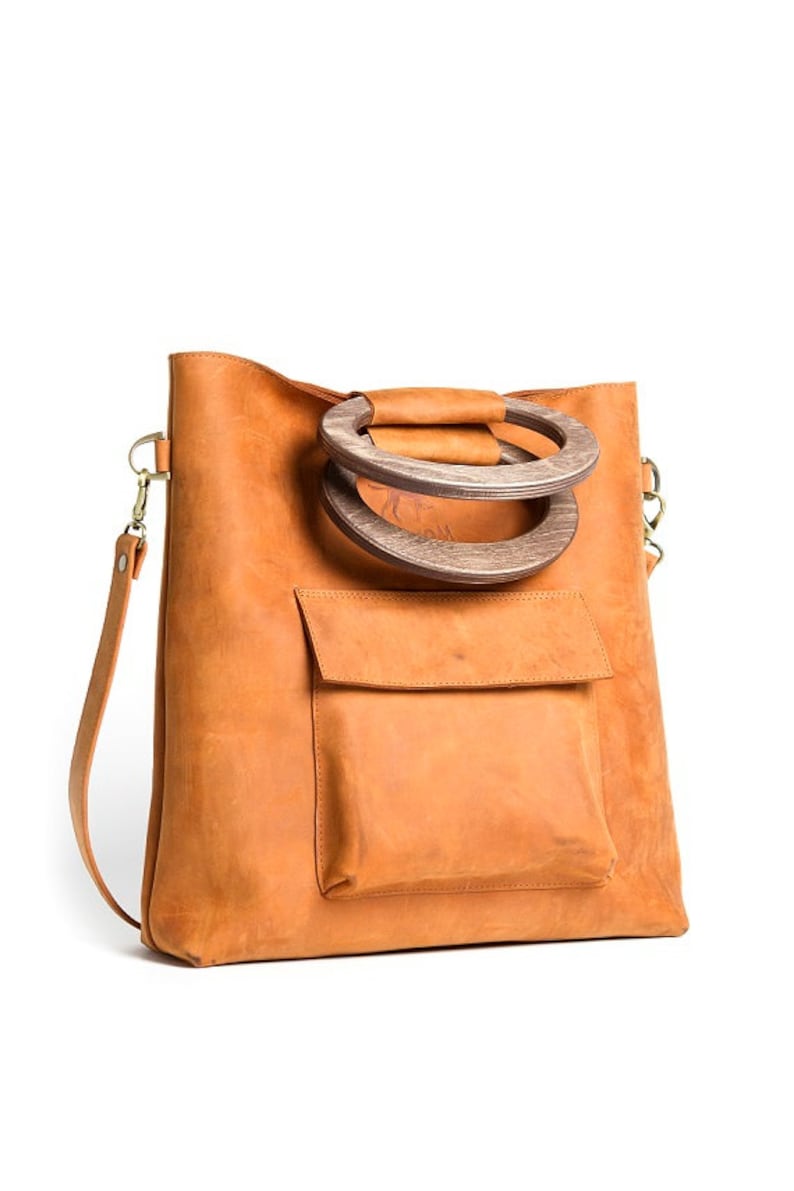Leather tote bag, wooden handles bag, crossbody bag, leather handbag, bag with long handle, ginger leather bag, wooden purse handles image 5