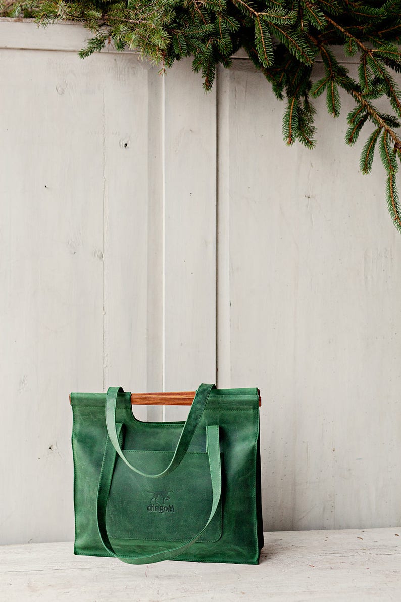 Green Leather Bag With Wooden Handles Leather Tote Bag Bag Etsy