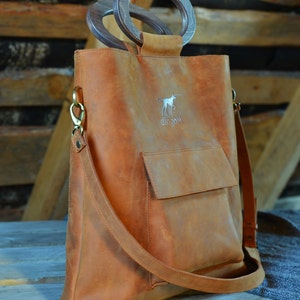 Leather tote bag, wooden handles bag, crossbody bag, leather handbag, bag with long handle, ginger leather bag, wooden purse handles image 3