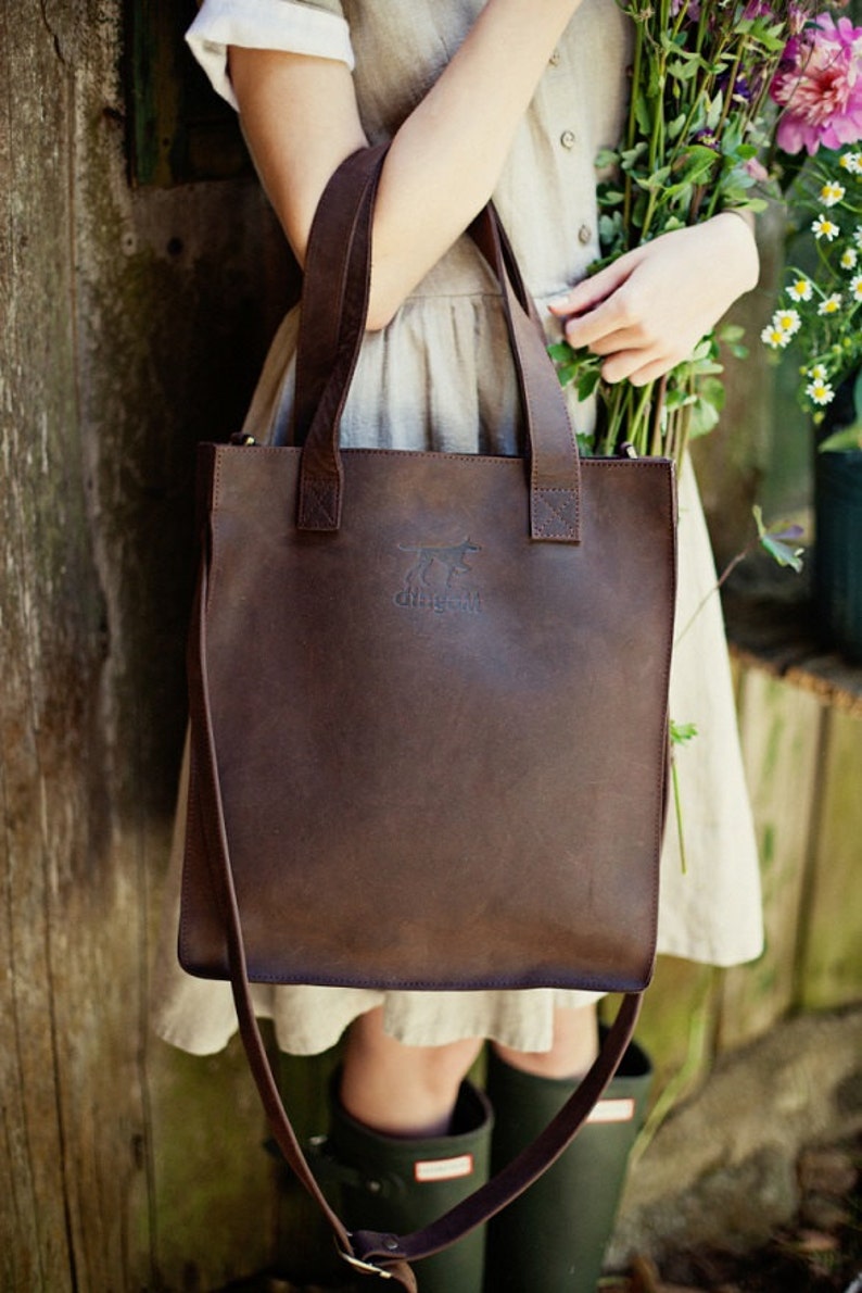 Brown leather cross body tote bag/ spring bag/ handmade | Etsy