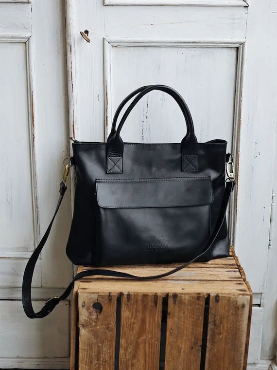 Black Soft Leather Crossbody Bag Casual Practical Laptop Bag 