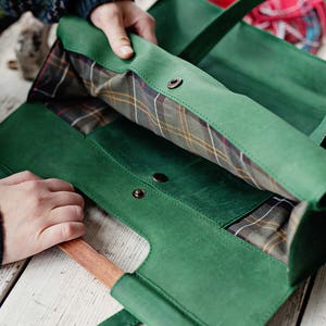 Green Leather Bag With Wooden Handles Leather Tote Bag Bag - Etsy