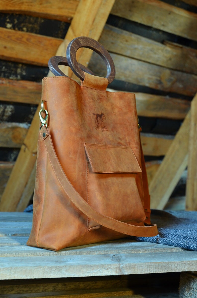 Leather tote bag, wooden handles bag, crossbody bag, leather handbag, bag with long handle, ginger leather bag, wooden purse handles image 1