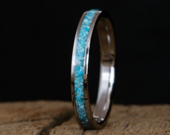 Womens Turquoise wedding band - tarnish free polished titanium turquoise inlay wedding ring