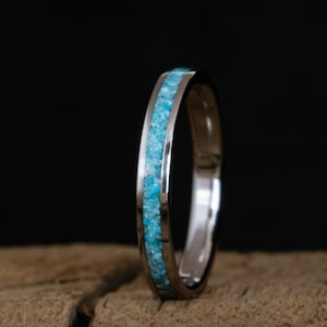 Womens Turquoise wedding band - tarnish free polished titanium turquoise inlay wedding ring